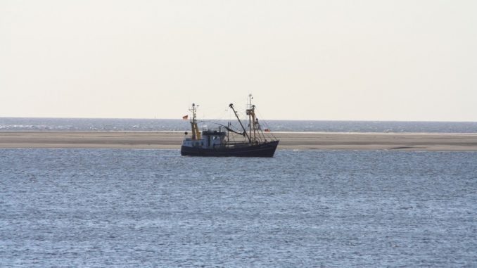 Fischkutter auf einer Sandbank bei Ebbe